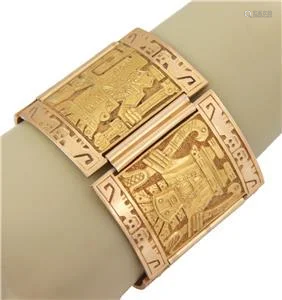 Estate 18k YGold Embossed Peruvian Inca Large Bracelet