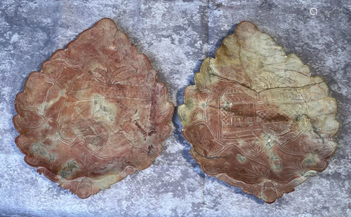 Pair Chinese Carved Soapstone Leaf Shaped Dishes