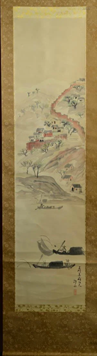 Japanese Water Color Scroll Painting - Boat Scene