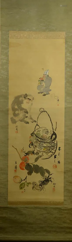 Japanese Water Color Scroll Painting - Monkey and Crab