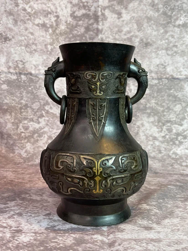 Chinese Bronze Vase with Gold Silver Inay