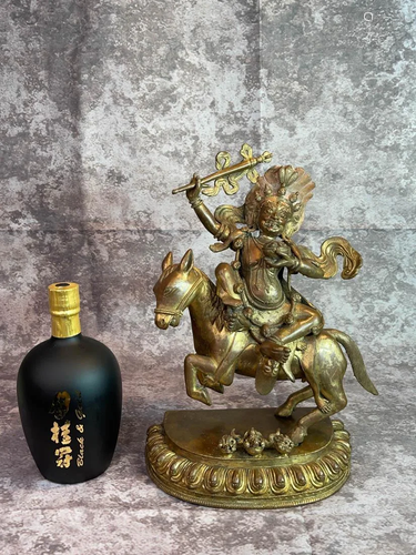 Tibetan Nepalese Gilt Bronze Guardian on Horse