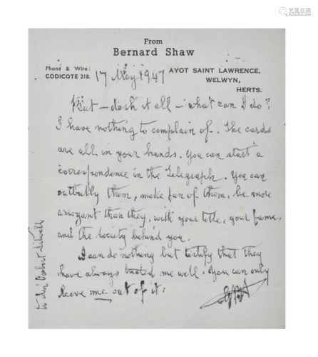 GEORGE BERNARD SHAW. (1856-1950). AUTOGRAPH LETTER TO