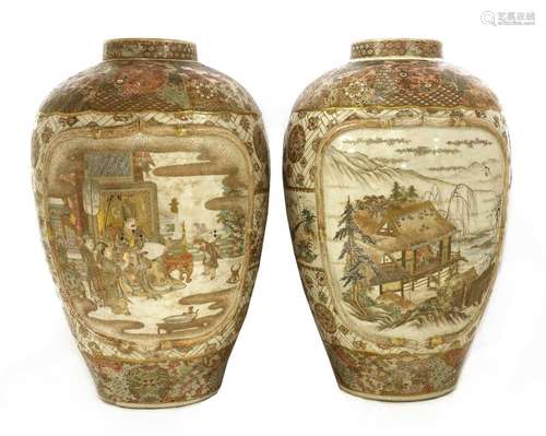 A large pair of Japanese Satsuma ware vases,