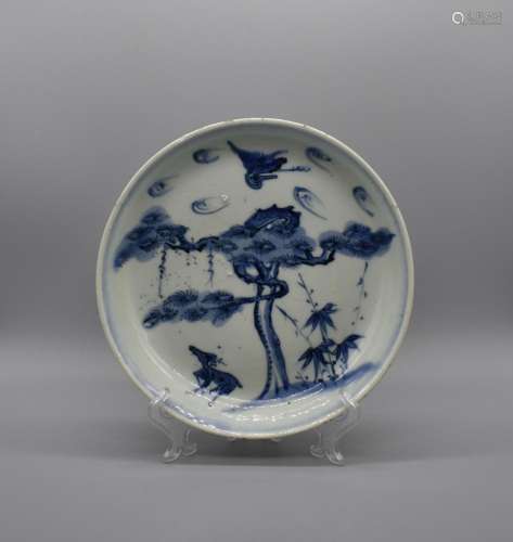 Blue and White Crane and Pine Dish, Chenghua mark