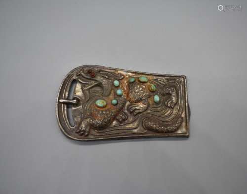 Chinese Silver Repose Belt Buckle with turquoise and red sto...