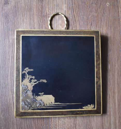 Japanese Landscape Wood Lacquered Square Panel with Gilt Bro...