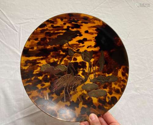 Tortoise Shell Bowl painted with Crane amoungst lotus pond