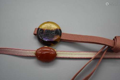 Two: Mother of Pearl inlaid Tortoise Shell and Agate Obi Dec...
