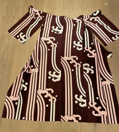 Japanese Brown Kimono with Pink and White Wave Design