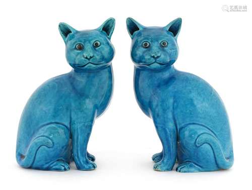 A pair of Chinese turquoise-glazed porcelain cats,