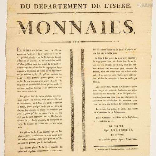 MONNAIES D’OR. Avis de FOURIER, Préfet de l’ISÈRE, Fait à Gr...