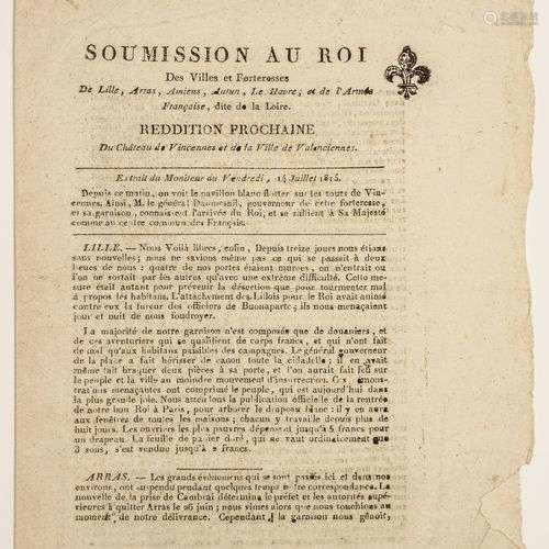 SECONDE RESTAURATION. « SOUMISSION AU ROI des Villes et Fort...