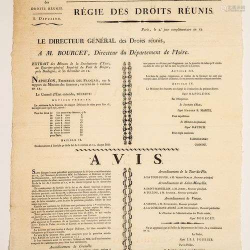 DOUANE 1803. TABAC. « Département de l’ISÈRE, Régie des DROI...