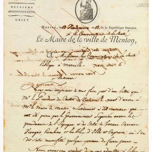 ALPES MARITIMES. MENTON. 1804. – Lettre signée Le Maire de l...