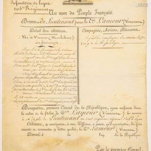 BONAPARTE 1ER Consul. BREVET DE LIEUTENANT pour le Citoyen V...