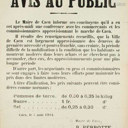 CAEN (14) le 3 Août 1914 – Avis au public, du Maire de CAEN ...