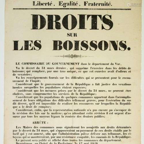 VAR. 1848. « DROITS SUR LES BOISSONS. » Arrêté de Lucien GUI...