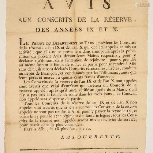 TARN. 1804. CONSCRIPTION. « Avis aux Conscrits de la Réserve...