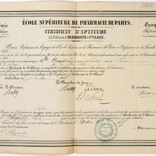 (CHIMIE. 1865. WUTZ . BUSSY . LECANU.) - Diplôme d’HERBORIST...