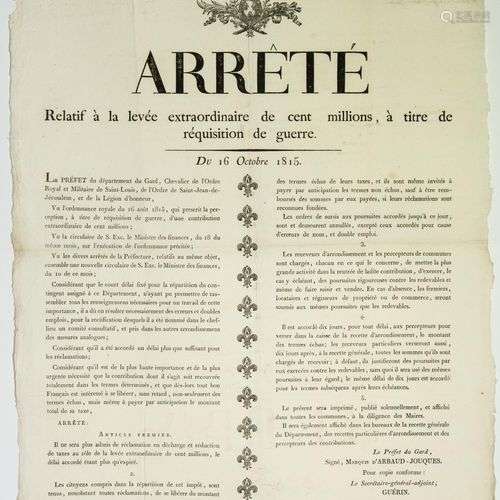 GARD. 1815. Arrêté relatif à la LEVÉE EXTRAORDINAIRE DE CENT...