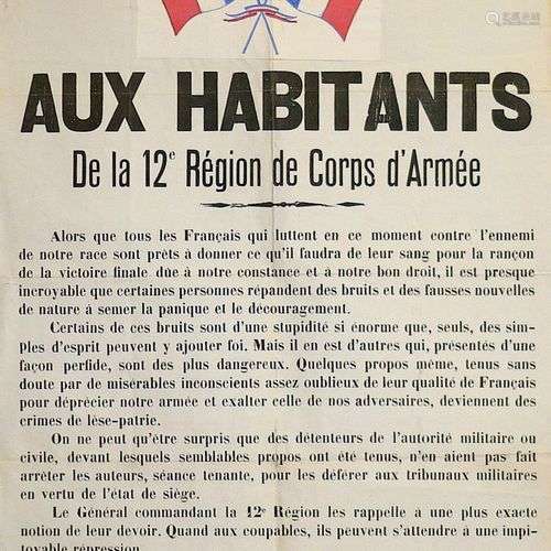 « AUX HABITANTS de la 12E RÉGION DE CORPS D’ARMÉE. » Adresse...