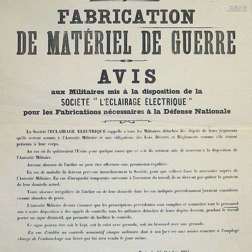 PARIS, 15 Oct. 1914 – « Avis aux Militaires mis à la disposi...