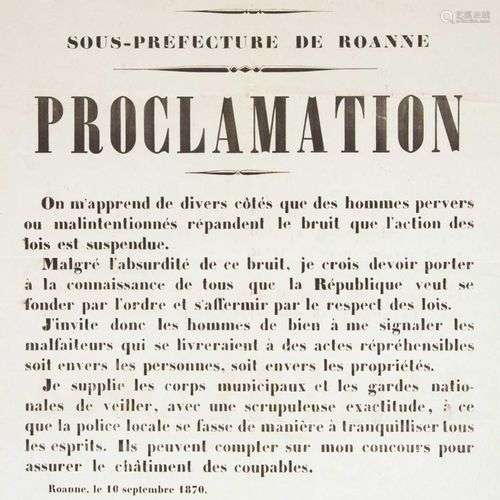 LOIRE. Guerre de 1870 : Proclamation du Sous-Préfet de ROANN...