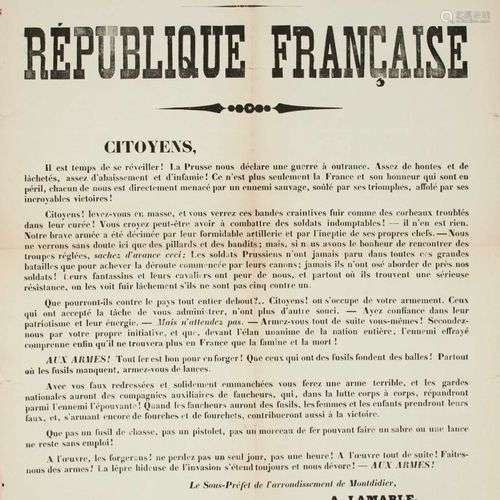 SOMME. GUERRE de 1870 : Appel aux Armes de LAMARLE Sous-Préf...