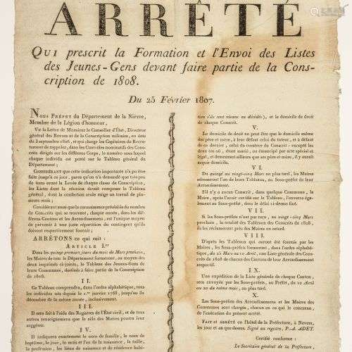 NIÈVRE. 1807. EMPIRE. « Arrêté du prescrit la Formation et l...