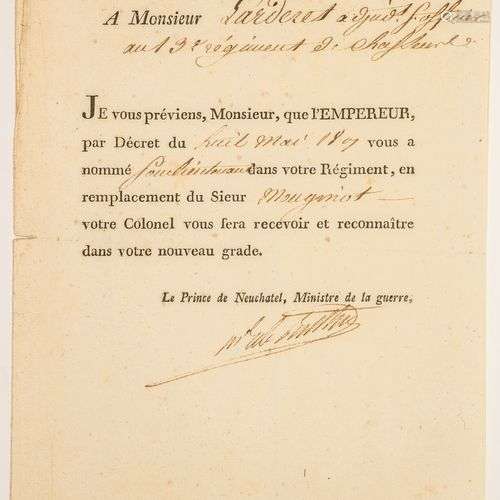 EMPIRE. Lettre d’avis de nomination signée du Maréchal Alexa...