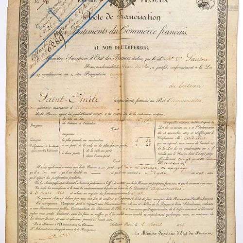 MARINE. 1868. « ACTE DE FRANCISATION. BATIMENS DE COMMERCE »...