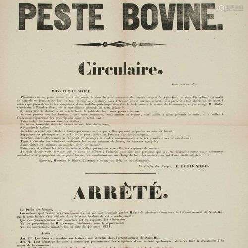 « VOSGES. PESTE BOVINE » ÉPINAL le 6 Mai 1871. Arrêté du Pré...