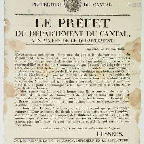 CANTAL. 1815. Adresse de LESSEPS Préfet du CANTAL, aux Maire...