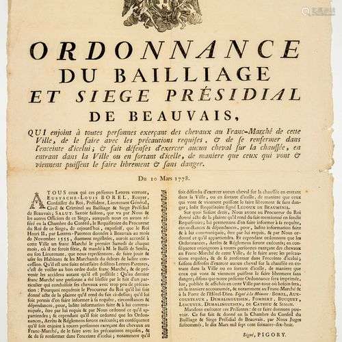 OISE. 1778. BEAUVAIS. « Ordonnance du Bailliage et Siège Pré...