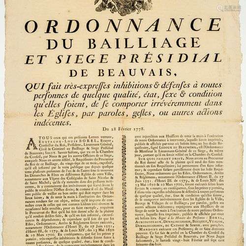 OISE. 1778. BEAUVAIS. « Ordonnance du Bailliage et Siège Pré...