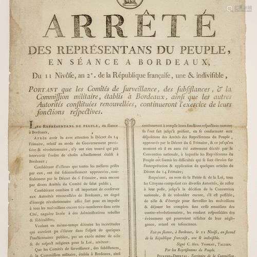 GIRONDE. « Arrêté des Représentants du Peuple (C. Alex. YSAB...