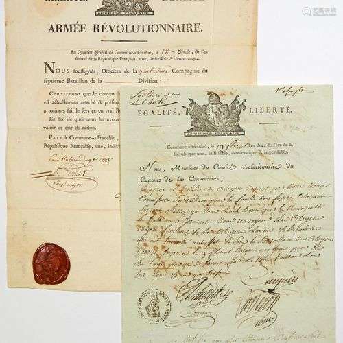 COMMUNE AFFRANCHIE, 1794 . (LYON, Ville Rebelle). 2 Certific...