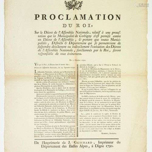 NIÈVRE. 1790. CORBIGNY (58). « Proclamation du Roi (Louis XV...