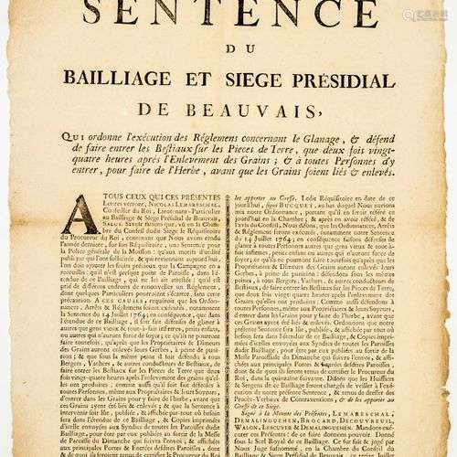 OISE. 1765. BEAUVAIS. « Sentence du Bailliage et Siège Prési...