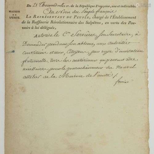 RAFFINERIE RÉVOLUTIONNAIRE. 1794. Pièce signée Augustin Luci...