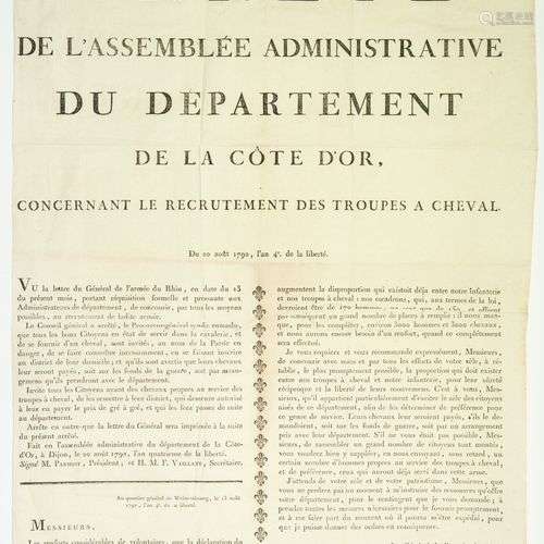 CÔTE D’OR. 1792. CAVALERIE. Arrêté de l’Assemblée administra...