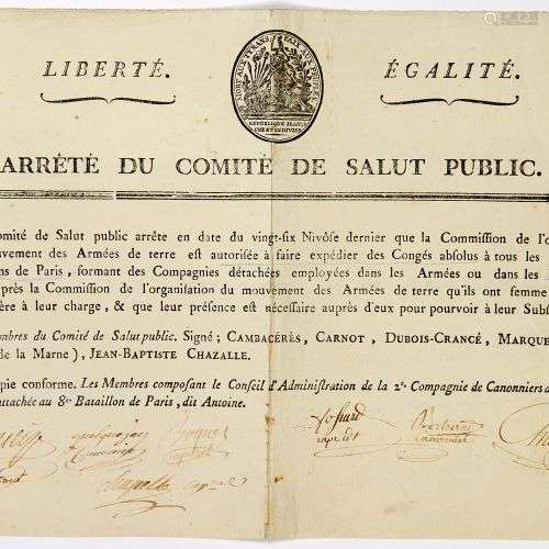 CANONNIERS DE L’ARSENAL DE PARIS. 1795. Arrêté du COMITÉ DE ...