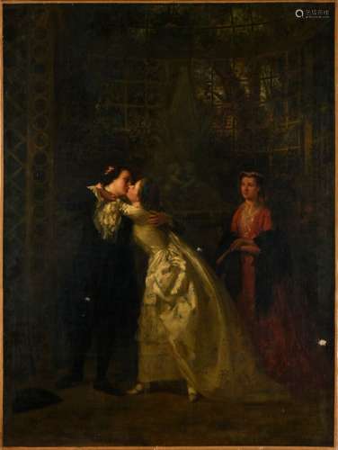 Charles Désiré HUE (1830-1899) Le baiser ou l'intrigue Huile...