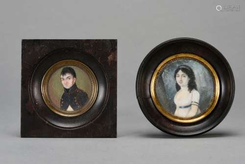 Deux miniatures officier et jeune femme Vers 1820 D : 6.5 cm
