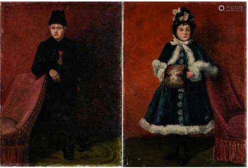 Ecole du 19ème siècle Portraits de deux enfants en costume d...