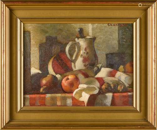 André CHARIGNY (1902-2000) Nature morte à la nappe aux carre...