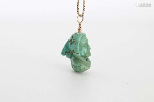 Turquoise Carved Indian Head Pendant & 14K Chain