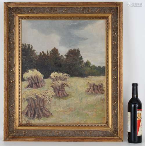 American School, Signed Painting of Haystacks