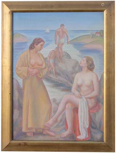 Signed, American School Nude Bathers Painting